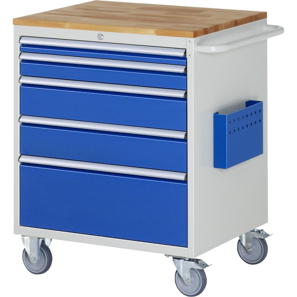 Obrázok výrobku: Dielenský vozík RAU série 7 000, v × š × h 975 × 770 × 650 mm, s 5 zásuvkami veľkosti XL, pracovná doska z bukového masívu