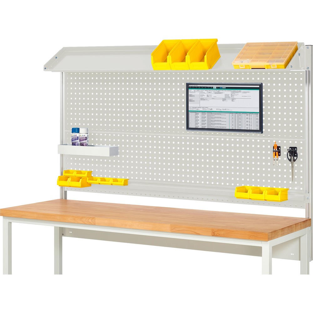 Obrázok výrobku: Nadstavba systému RAU, v × š × h 1 130 × 2 000 × 350 mm, s 1 naklápateľnou kovovou odkladacou lištou, 1 prídržnou lištou a 1 držiakom plochej obrazovky, kompletná súprava 02 pre výrobok šírky 2 000 mm