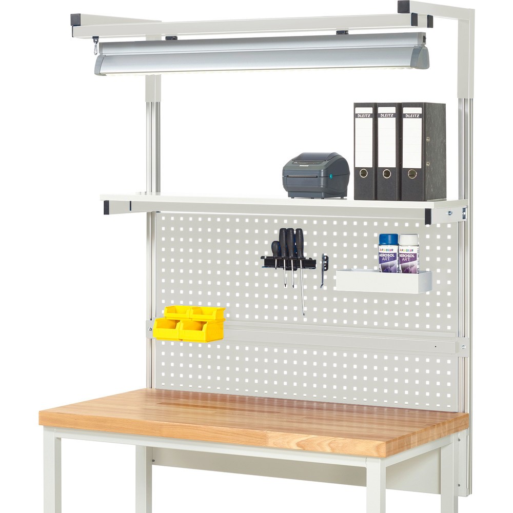 Obrázok výrobku: Nadstavba systému RAU, v × š × h 1 380 × 1 250 × 350 mm, s 1 policovou doskou, 1 prídržnou lištou, 1 párom výložníkov a 1 svietidlom, kompletná súprava 04 pre výrobok šírky 1 250 mm