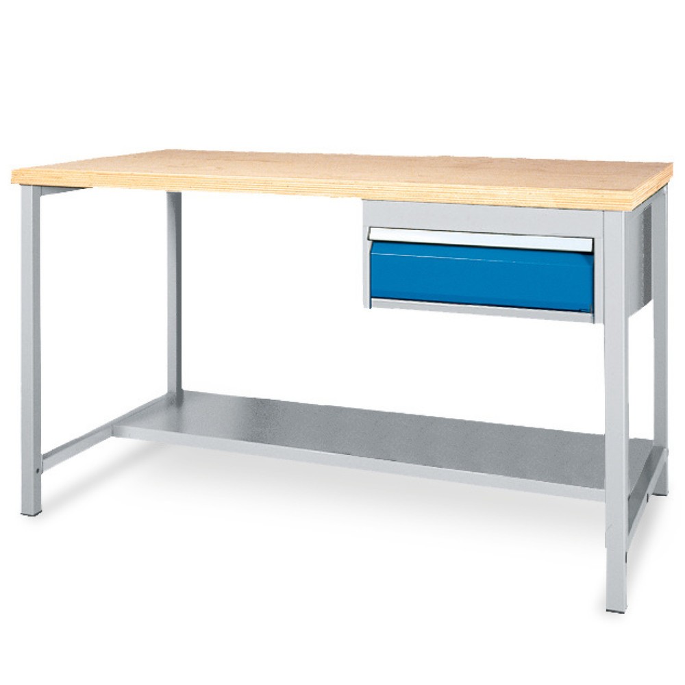Obrázok výrobku: Pracovný stôl Bedrunka+Hirth s odkladacou plochou + 1 zásuvkou, nosnosť 200 kg, v × š × h 859 × 1 500 × 750 mm
