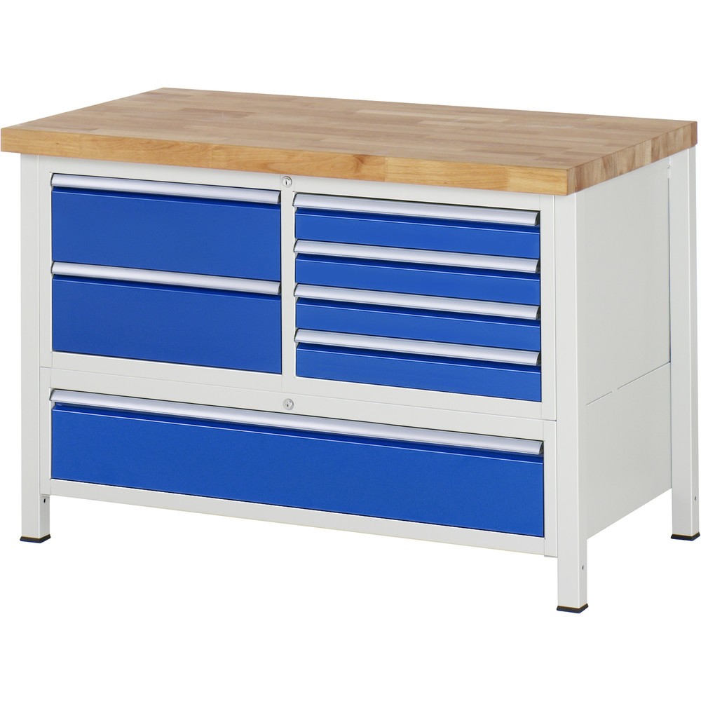 Číslo obrázka výrobku 1: Pracovný stôl RAU série 8 000, v × š × h 840 – 1 040 × 1 250 × 700 mm, 1 trojitý podstavný kontajner, s 7 zásuvkami