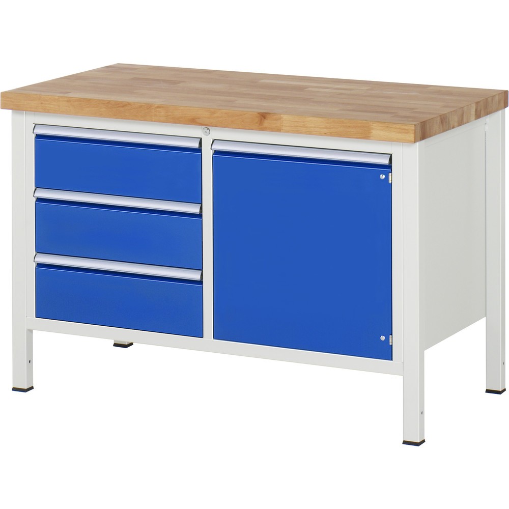 Obrázok výrobku: Pracovný stôl RAU série 8 000, v × š × h 840 – 1 040 × 1 250 × 700 mm, 1 dvojitý podstavný kontajner, s 3 zásuvkami a 1 krídlovými dverami