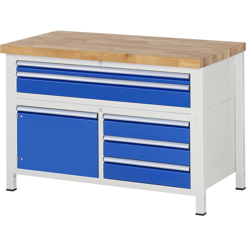 Obrázok výrobku: Pracovný stôl RAU série 8 000, v × š × h 840 – 1 040 × 1 250 × 700 mm, 1 trojitý podstavný kontajner, s 5 zásuvkami a 1 krídlovými dverami