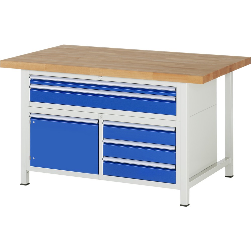 Obrázok výrobku: Pracovný stôl RAU série 8 000, v × š × h 840 – 1 040 × 1 500 × 900 mm, 1 trojitý podstavný kontajner, s 5 zásuvkami a 1 krídlovými dverami
