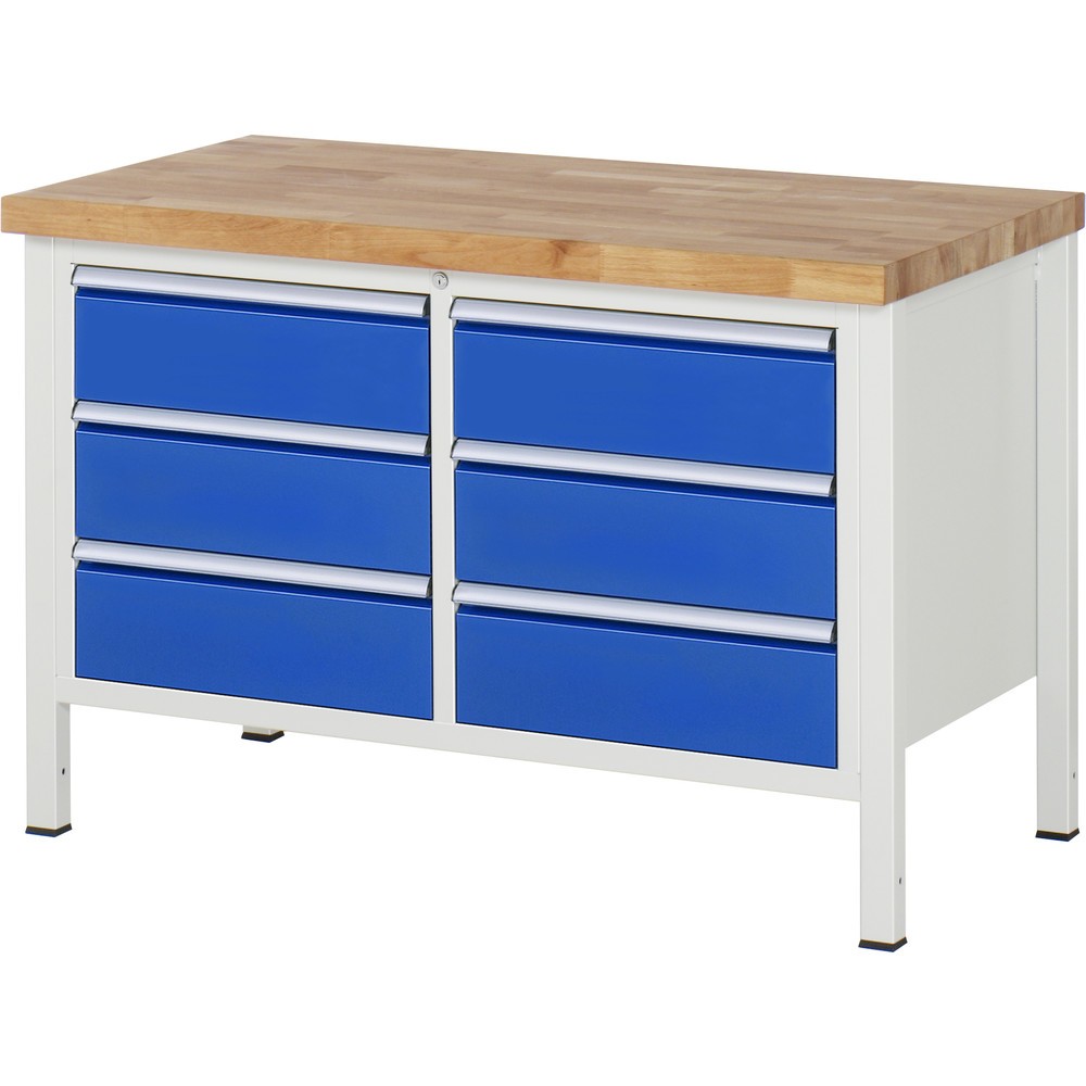 Obrázok výrobku: Pracovný stôl RAU série 8 000, v × š × h 840 – 1 040 × 1 250 × 700 mm, 1 dvojitý podstavný kontajner, s 6 zásuvkami