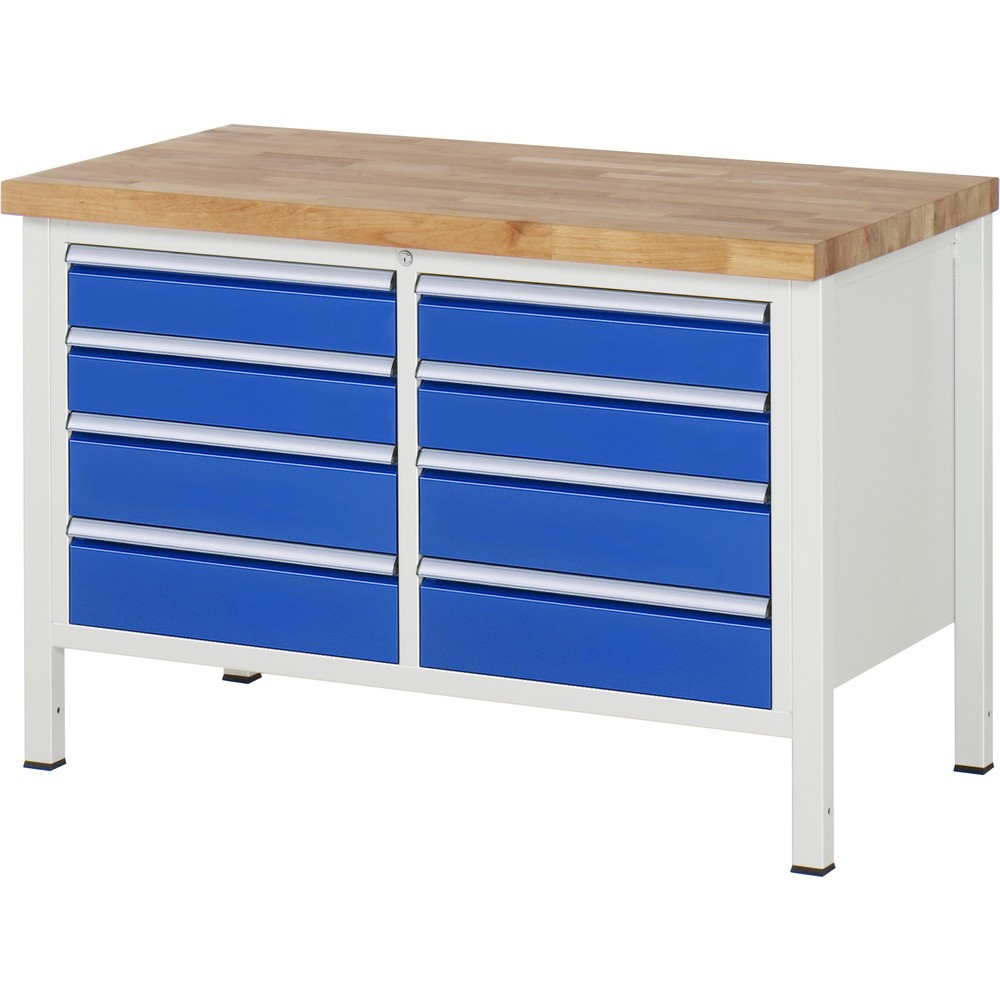 Obrázok výrobku: Pracovný stôl RAU série 8 000, v × š × h 840 – 1 040 × 1 250 × 700 mm, 1 dvojitý podstavný kontajner, s 8 zásuvkami