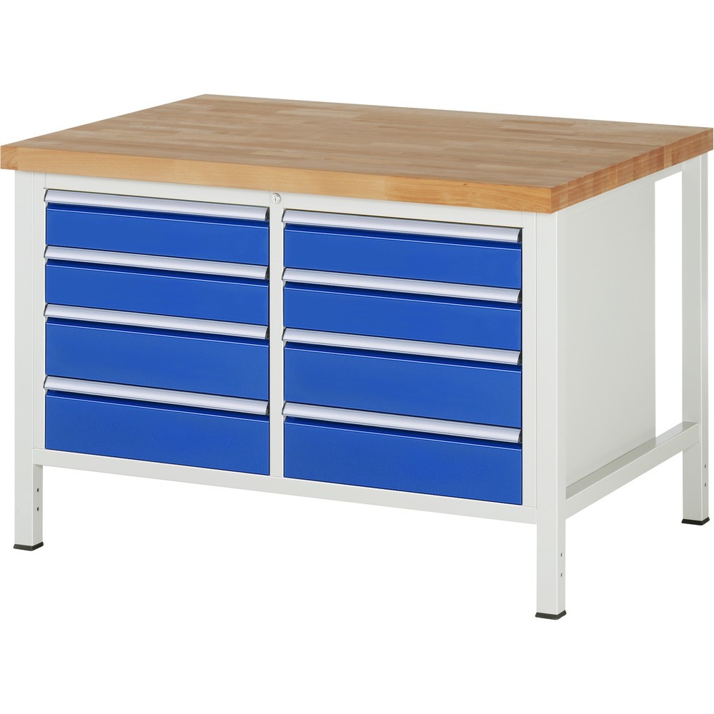 Obrázok výrobku: Pracovný stôl RAU série 8 000, v × š × h 840 – 1 040 × 1 250 × 900 mm, 1 dvojitý podstavný kontajner, s 8 zásuvkami