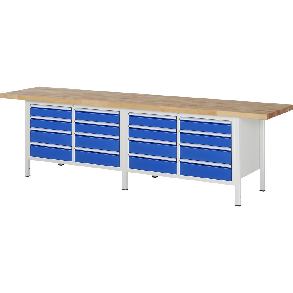 Obrázok výrobku: Pracovný stôl RAU série 8 000, v × š × h 840 – 1 040 × 3 000 × 700 mm, 2 dvojitý podstavný kontajner, so 8 zásuvkami