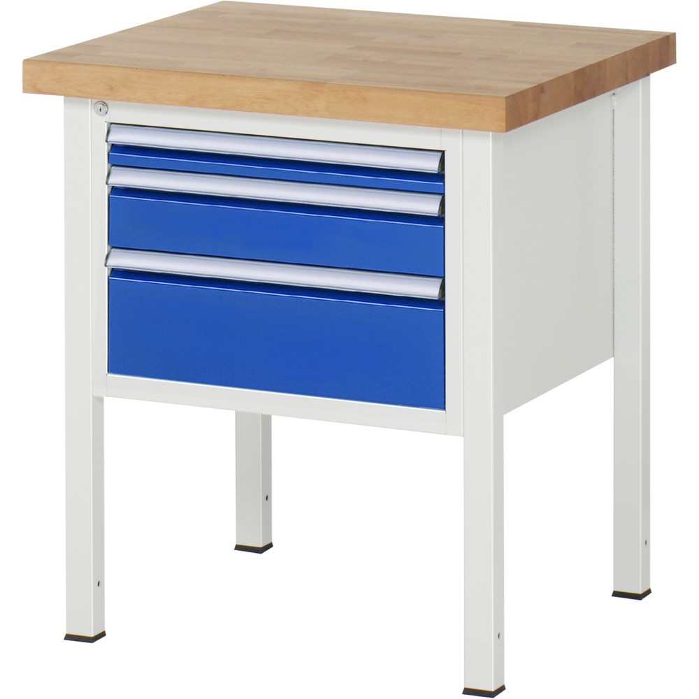 Obrázok výrobku: Pracovný stôl RAU série 8000, v × š × h 840 – 1 040 × 750 × 700 mm, 3 zásuv. s 90 % vysunutím, 1 × 60, 1 × 120, 1 × 180 mm, nosnosť zásuv. 100 kg