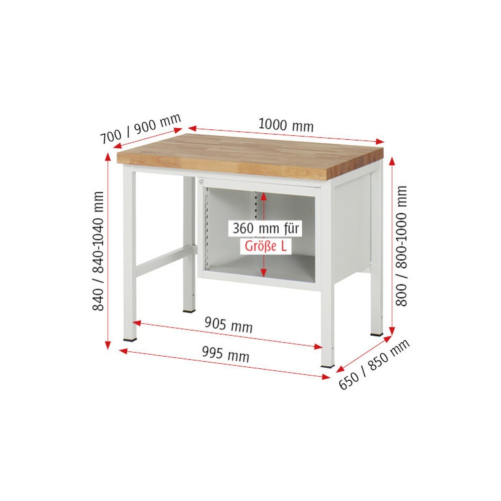 Číslo obrázka výrobku 4: Pracovný stôl RAU série 8000, v × š × h 840 – 1 040 × 1 000 × 900 mm, 3 zásuv. s 100 % vysunutím, 1 × 60, 1 × 120, 1 × 180 mm, nosnosť zásuv. 100 kg