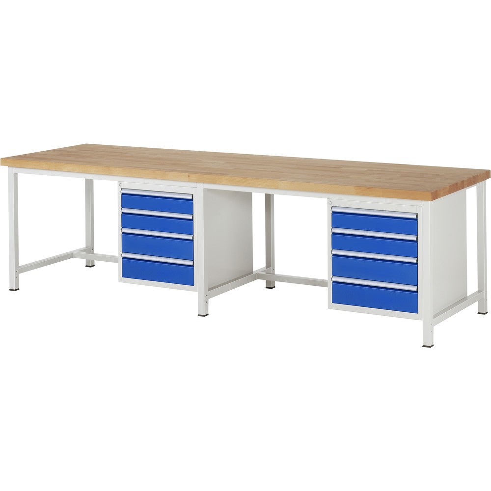 Obrázok výrobku: Pracovný stôl RAU série 8 000, v × š × h 840 – 1 040 × 3 000 × 900 mm, 2 ks podstavných kontajnerov, každý s 4 zásuvkami