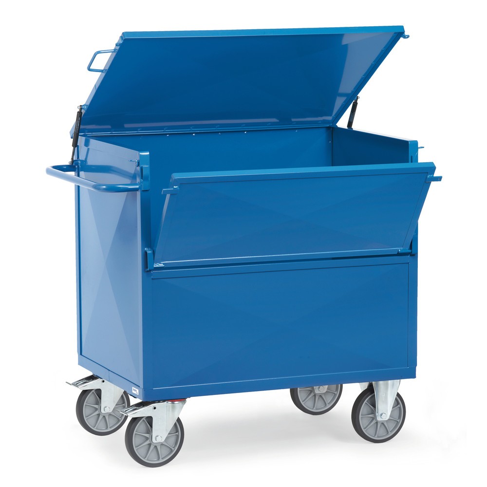 Obrázok výrobku: vyklápací skip fetra® s oceľovými stenami, ložná plocha 800 x 1 200 mm, s vekom